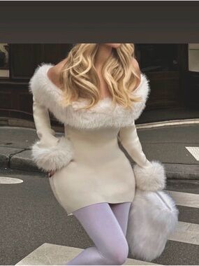 Fashion Nova Cream Off-Shoulder Faux Fur Trim Mini Dress